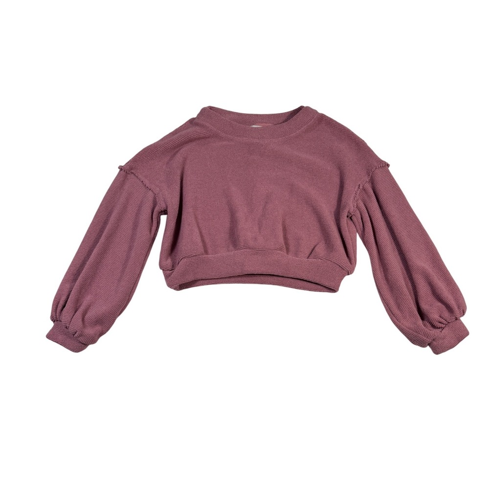 Free People Beach XS Mauve Textured Waffle Knit Crop Balloon Sleeve Sweatshirt - Picture 2 of 8